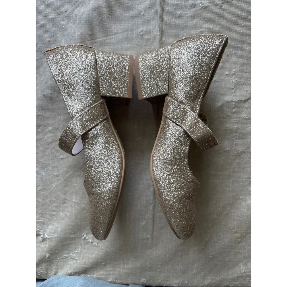 Nina Mary Jane Shoes Girls 2 Gold Excellent Glitter Rhinestone Block Heel